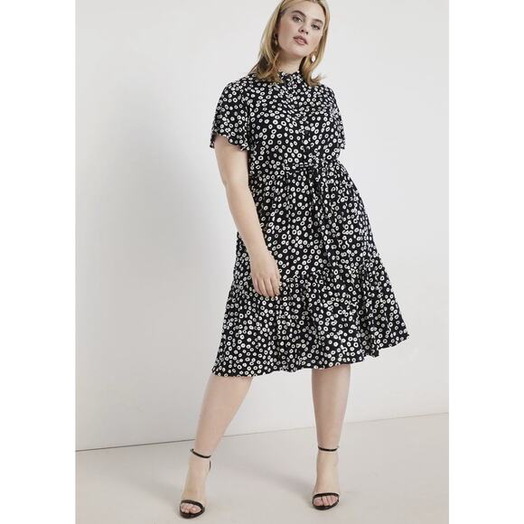 Eloquii Size 18 Midi Shirt Dress Belted Flowy Flutter Sleeve Rayon Back Ivory - Picture 1 of 8